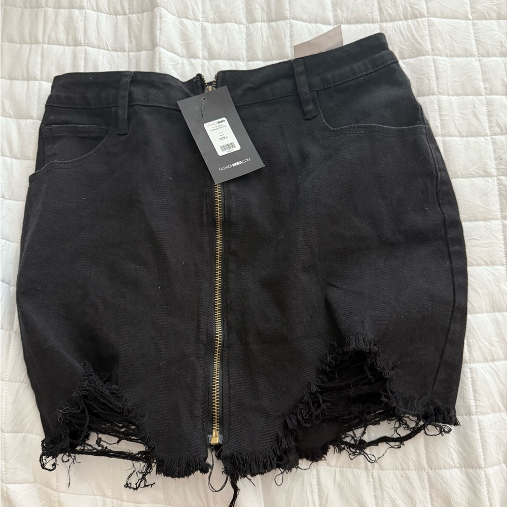 Fashion Nova Black and Gold Asymmetrical Mini denim Skirt